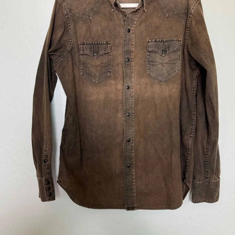Polo Ralph Lauren Mens Cotton Denim Western Shirt L Brown Snap Front Cowboy